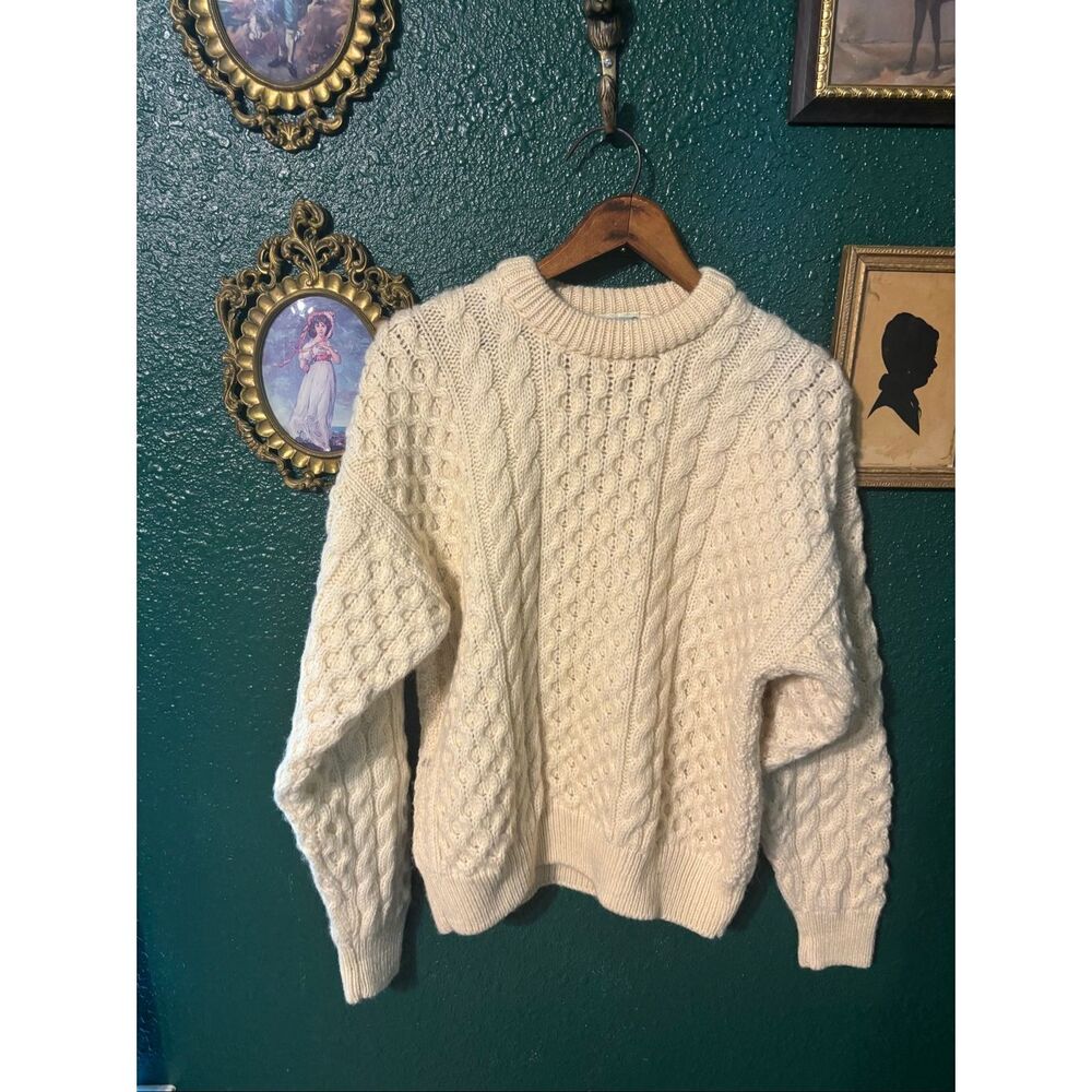 Gaeltarra Cable Knit Fisherman Sweater Size XS Cream 100% New Wool Chunky Knit